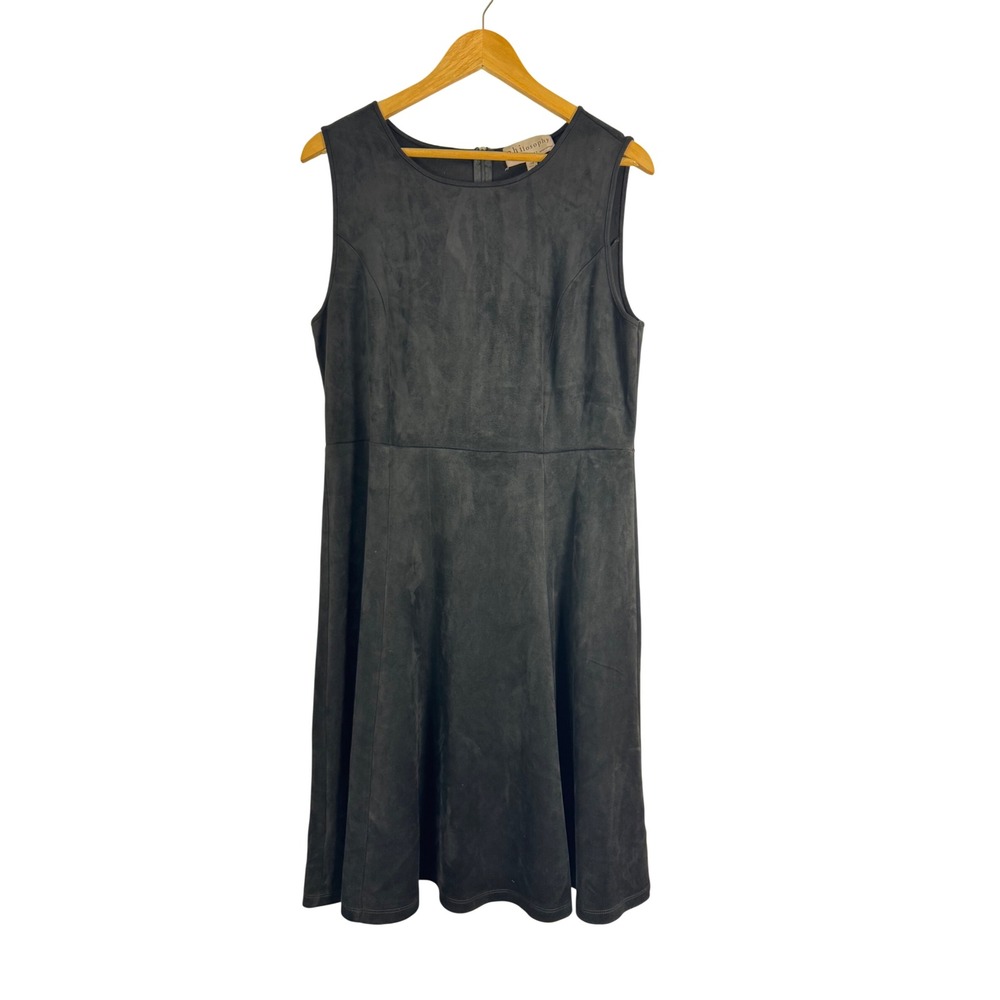 Dark Academia Philosophy Women 14 Fit Flare Dress Black Faux Suede Sleeveless